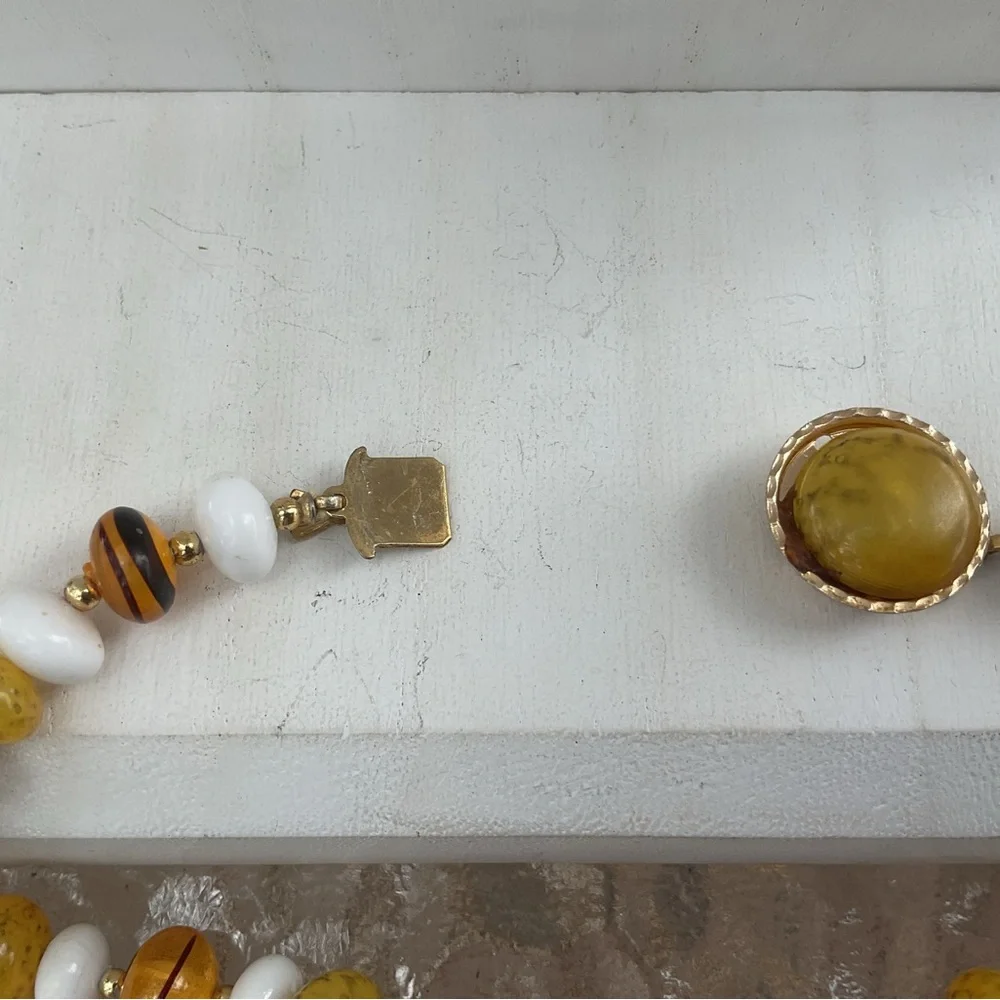 White Yellow bead necklace acrylic beads 34” long made Hong Kong vintage